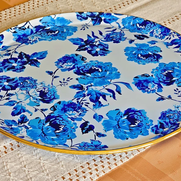 Glore Blue Rose Altın Yaldızlı Cam Tepsi - 4
