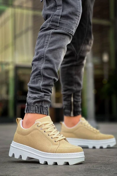 Erkek ayakkabıKB-056 Kuback Bej Süet Beyaz Yüksek Taban Günlük Spor Ayakkabı - Resim 4