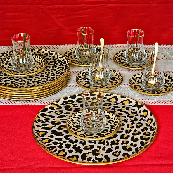 Glore Leopar Somon Altın Yaldızlı Cam 19 Parça Çay İkram Takımı - 7