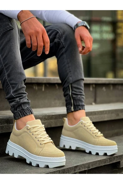 Erkek ayakkabıKB-056 Kuback Bej Süet Beyaz Yüksek Taban Günlük Spor Ayakkabı - Resim 3
