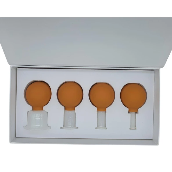 Silikon Vakumlu Yeşim Taş Jade Yüz Masaj Kupası 4’lü Set Turuncu Renk - Resim 2