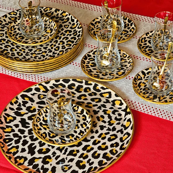 Glore Leopar Somon Altın Yaldızlı Cam 19 Parça Çay İkram Takımı - 4