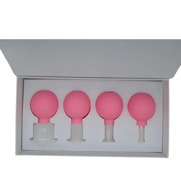 Silikon Vakumlu Yeşim Taş Jade Yüz Masaj Kupası 4’lü Set Pembe Renk - Resim 2