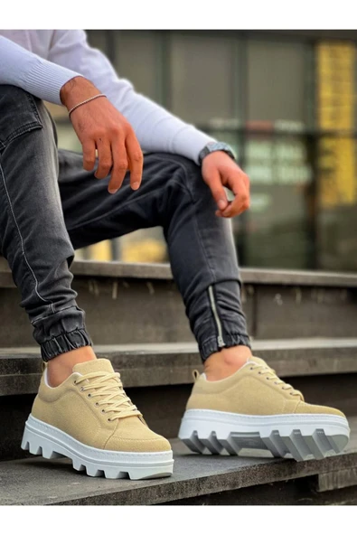 Erkek ayakkabıKB-056 Kuback Bej Süet Beyaz Yüksek Taban Günlük Spor Ayakkabı ürün görseli 1