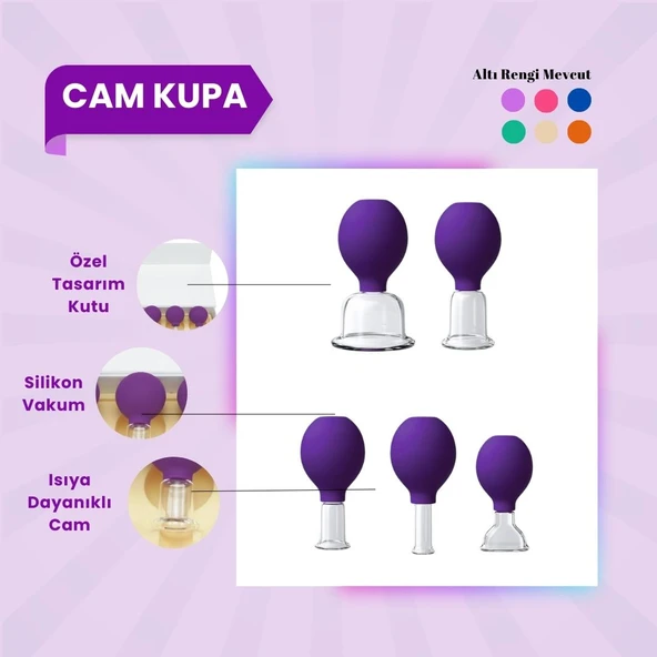 Silikon Vakumlu Cam Yüz Masaj Kupası 5'li Set Mor