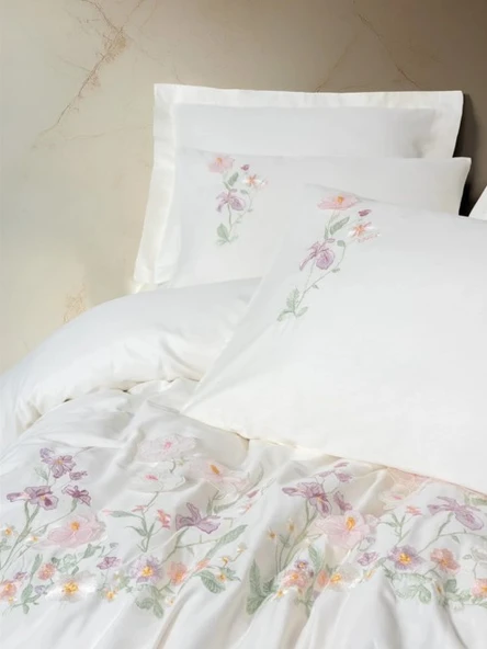 Cotton Box 3D Nakışlı Çift Kişilik Saten Nevresim Takımı Zephy Ekru - Resim 2