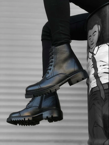 ET0187 İçi Dışı Hakiki Deri Siyah Erkek Fermuarlı Yarım Bot