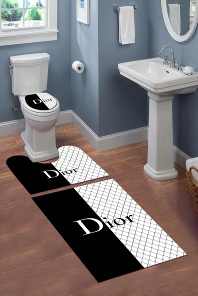 Yıkanabilir Kaymaz Dot Tabanlı Dekoratif Desenli 3'lü Klozet Takımı Banyo Paspas Seti SİYAH-BEYAZ #VALUE!