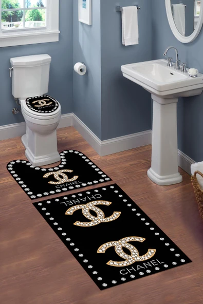 Yıkanabilir Kaymaz Tabanlı Dekoratif Desenli 3 Lü Klozet Takımı Banyo Paspas Seti Siyah #VALUE!