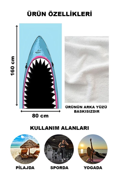 Köpek Balığı Desenli Plaj Deniz Havlusu Peştemal 80x160 CM VTA34 RENKLİ 80 X 160 - 2