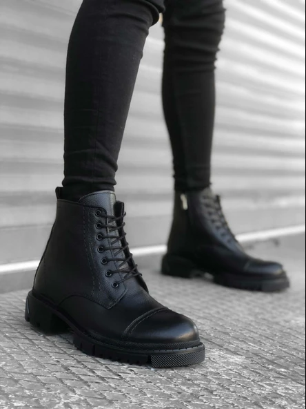 ET0187 İçi Dışı Hakiki Deri Siyah Erkek Fermuarlı Yarım Bot - 2