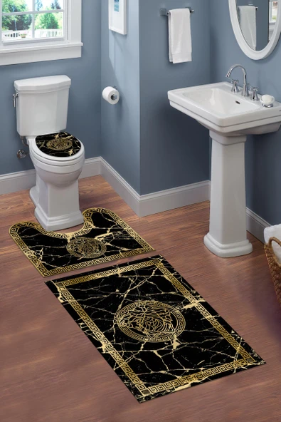 Yıkanabilir Kaymaz Dot Tabanlı Dekoratif Desenli 3'lü Klozet Takımı Banyo Paspas Seti Siyah #VALUE!