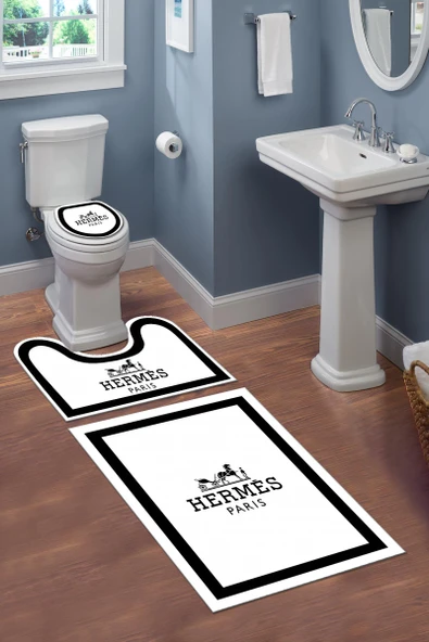 Yıkanabilir Kaymaz Dot Tabanlı Dekoratif Desenli 3'lü Klozet Takımı Banyo Paspas Seti Siyah #VALUE!