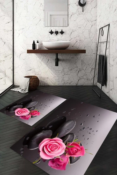 Dijital Baskı Kaymaz Taban Yıkanabilir 2'li Banyo Paspas Takımı RENKLİ #VALUE! - 2