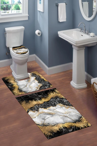 Yıkanabilir Kaymaz Tabanlı Dekoratif Mermer Desenli 3 Lü Klozet Takımı Banyo Paspas Seti RENKLİ #VALUE!