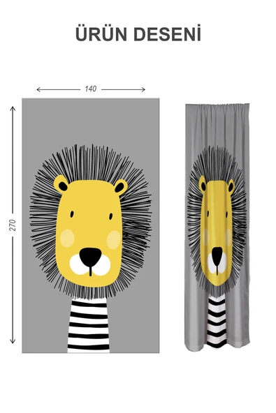 Dijital Baskı Yıkanabilir Aslan Desenli 2 Kanat Bebek ve Çocuk Odası Fon Perdesi RENKLİ 140 X 270 - 2
