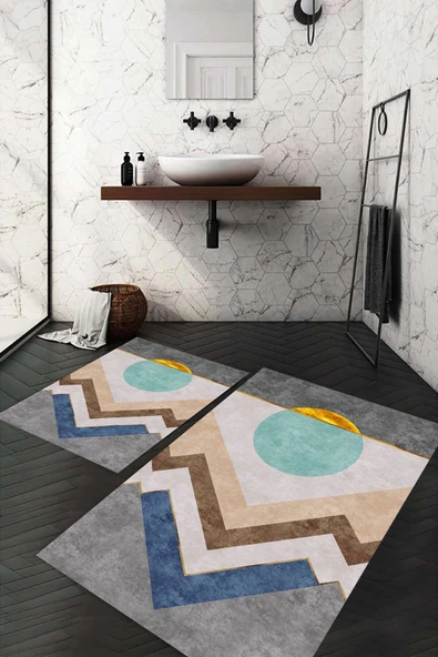 Dijital Baskı Kaymaz Taban Yıkanabilir 2'li Banyo Paspas Takımı RENKLİ #VALUE!