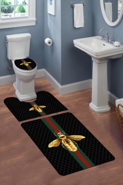Yıkanabilir Kaymaz Tabanlı Dekoratif Desenli 3'lü Klozet Takımı Banyo Paspas Seti RENKLİ #VALUE!