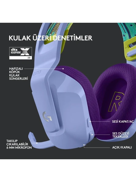 Logitech G733 Lightspeed Lila RGB 7.1 Kablosuz Kulak Üstü Oyuncu Kulaklığı Teşhir - 5