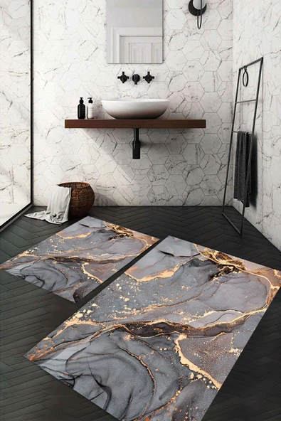 Dijital Baskı Kaymaz Taban Yıkanabilir 2'li Banyo Paspas Takımı RENKLİ #VALUE!