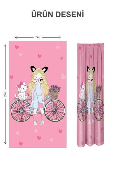 Dijital Baskı Yıkanabilir Kedi ve Kız Desenli 2 Kanat Bebek ve Çocuk Odası Fon Perdesi RENKLİ 140 X 270 - 2