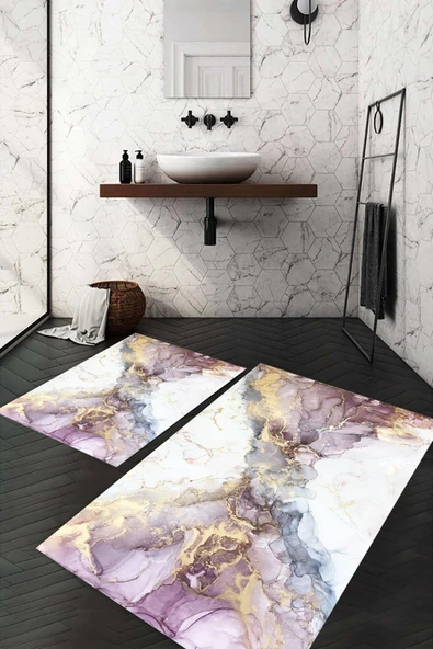 Dijital Baskı Kaymaz Taban Yıkanabilir 2'li Banyo Paspas Takımı RENKLİ #VALUE!