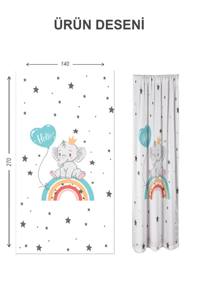 Dijital Baskı Yıkanabilir Gökkuşağı Fil Desenli 2 Kanat Bebek ve Çocuk Odası Fon Perdesi RENKLİ 140 X 270 - 2