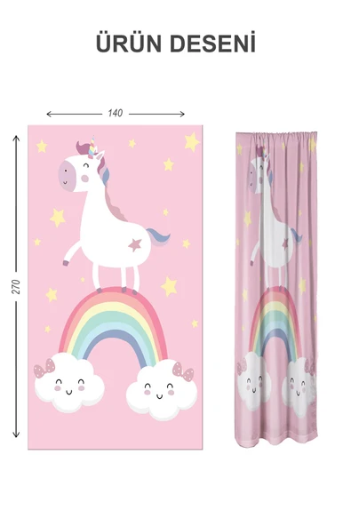 Dijital Baskı Yıkanabilir Unicorn Desenli 2 Kanat Bebek ve Çocuk Odası Fon Perdesi RENKLİ 140 X 270 - 2