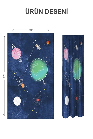 Dijital Baskı Yıkanabilir Uzay Desenli 2 Kanat Bebek ve Çocuk Odası Fon Perdesi RENKLİ 140 X 270 - 2