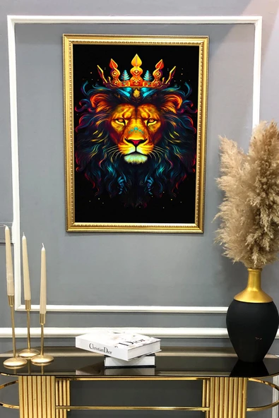 Dekoratif Modern Çerçeveli Aslan Desenli Duvar Tablosu 50x70 CM RENKLİ 50 X 70 - 2