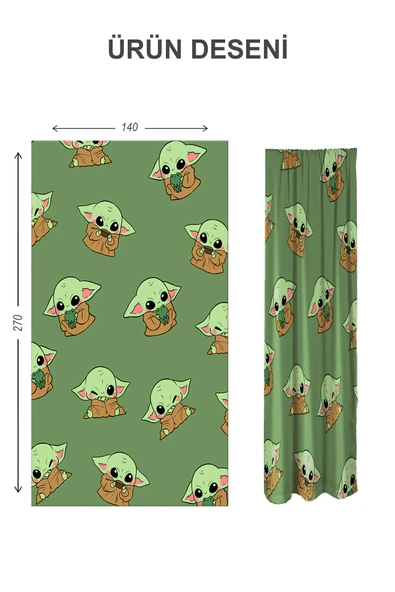 Dijital Baskı Yıkanabilir Baby Yoda Desenli 2 Kanat Bebek ve Çocuk Odası Fon Perdesi RENKLİ 140 X 270 - 2