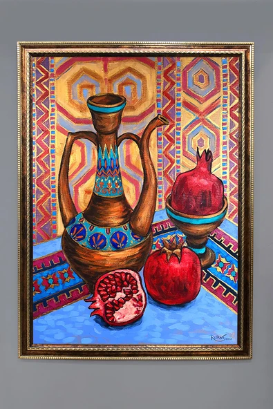 Dekoratif Modern Çerçeveli Otantik İbrik ve Narlar Desenli Duvar Tablosu 50x70 CM RENKLİ 50 X 70