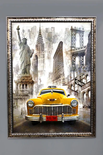Dekoratif Modern Çerçeveli Sarı Taxi Desenli Duvar Tablosu 50x70 CM RENKLİ 50 X 70