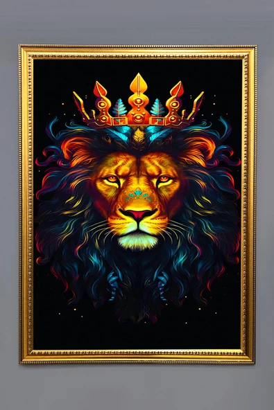 Dekoratif Modern Çerçeveli Aslan Desenli Duvar Tablosu 50x70 CM RENKLİ 50 X 70