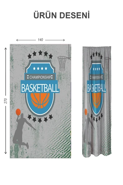 Dijital Baskı Yıkanabilir Basketbol Desenli 2 Kanat Bebek ve Çocuk Odası Fon Perdesi RENKLİ 140 X 270 - 2