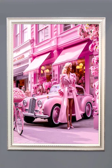 Dekoratif Modern Pembe Araba ve Kadın Desenli Çerçeveli Tablo Duvar Tablosu 50x70cm RENKLİ 50 X 70
