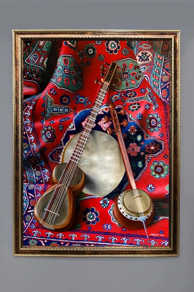 Dekoratif Modern Çerçeveli Otantik Halı ve Ut Desenli Duvar Tablosu 50x70 CM RENKLİ 50 X 70