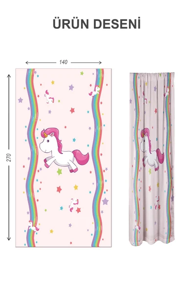 Dijital Baskı Yıkanabilir Unicorn Desenli 2 Kanat Bebek ve Çocuk Odası Fon Perdesi RENKLİ 140 X 270 - 2