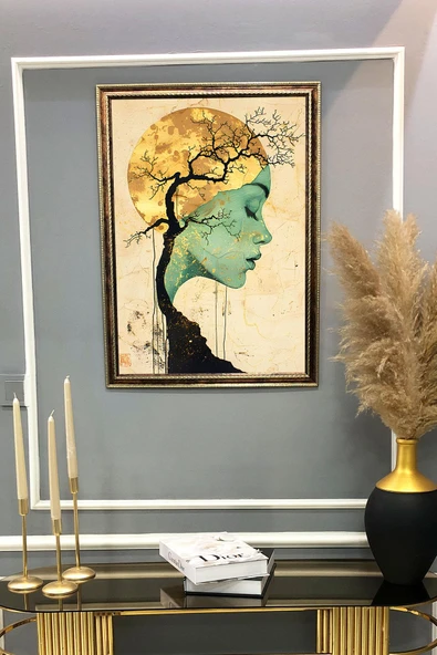 Dekoratif Modern Çerçeveli Ay Kız Desenli Duvar Tablosu 50x70 CM RENKLİ 50 X 70 - 2