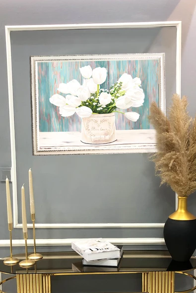 Dekoratif Modern Çerçeveli Beyaz Lale Desenli Duvar Tablosu 50x70 CM RENKLİ 50 X 70 - 2