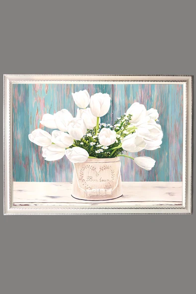 Dekoratif Modern Çerçeveli Beyaz Lale Desenli Duvar Tablosu 50x70 CM RENKLİ 50 X 70