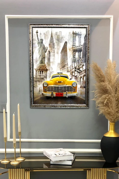 Dekoratif Modern Çerçeveli Sarı Taxi Desenli Duvar Tablosu 50x70 CM RENKLİ 50 X 70 - 2