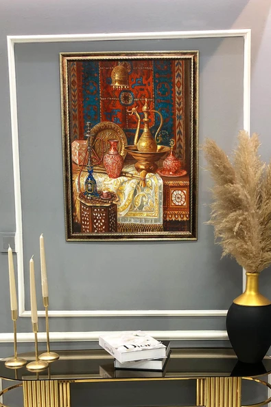 Dekoratif Modern Çerçeveli Otantik İbrik ve Nargile Desenli Duvar Tablosu 50x70 CM RENKLİ 50 X 70 - 2