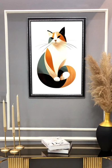 Dekoratif Modern Çerçeveli Kedi Desenli Duvar Tablosu 50x70 CM RENKLİ 50 X 70 - 2
