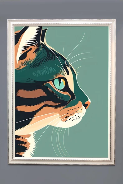 Dekoratif Modern Çerçeveli Kedi Desenli Duvar Tablosu 50x70 CM RENKLİ 50 X 70