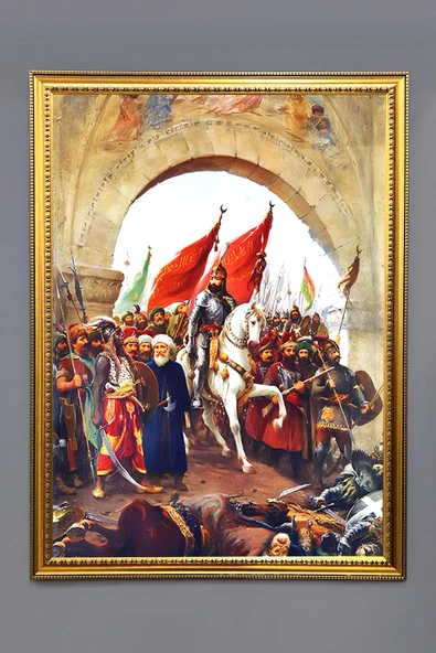 Dekoratif Modern Çerçeveli Fatih Sultan Mehmet Desenli Duvar Tablosu 50x70 CM RENKLİ 50 X 70