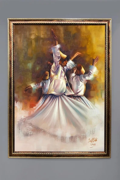 Dekoratif Modern Çerçeveli Semazenler Desenli Duvar Tablosu 50x70 CM RENKLİ 50 X 70