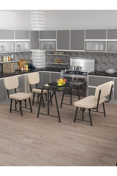 Hayat 70x110 Bendir Mutfak Masası, Mutfak Masası Takımı, Yemek Masası, 2 Sandalye 1 Bench - Krem