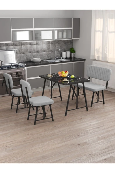 Hayat 70x110 Bendir Mutfak Masası, Mutfak Masası Takımı, Yemek Masası, 2 Sandalye 1 Bench - Açık Gri - 2