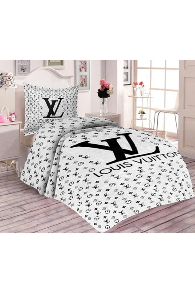 Pamuk Dolgulu Kadife Kumaşlı Modern Louis Vuitton Desenli Tek Kişilik Kapitone Yatak Örtüsü SİYAH-BEYAZ 180 X 240